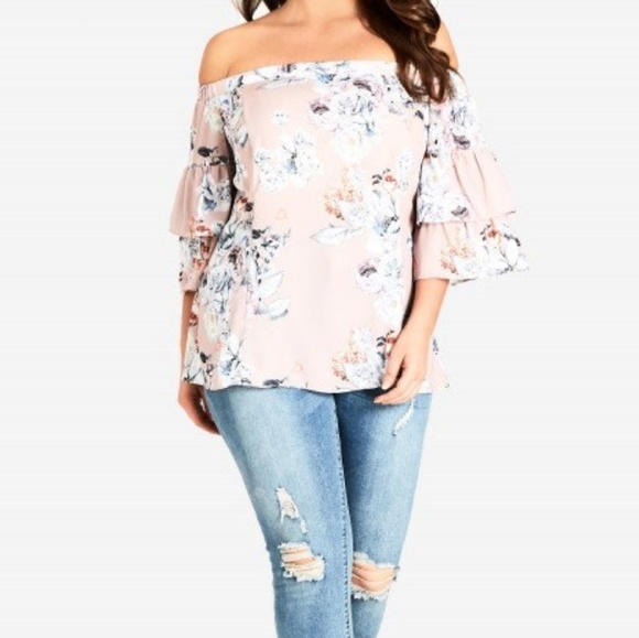 City Chic Tops - City Chic Off The Shoulder Ruffled Floral Blouse